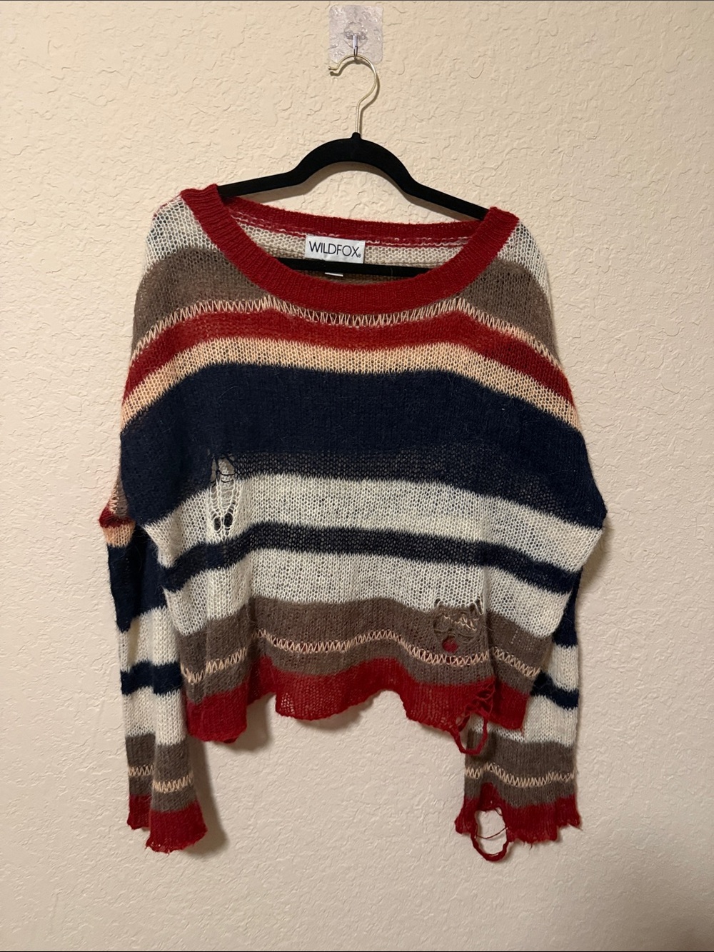 Wildfox Red Navy Cream Striped Distressed Scoop-Neck Sweater